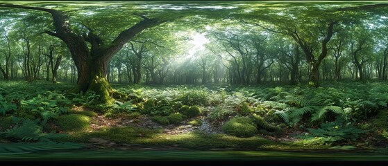 Sunlight Filters Through Lush Green Canopy in a Tranquil Forest at Dawn, Creating a Serene Atmosphere With Vibrant Flora and Gentle Shadows