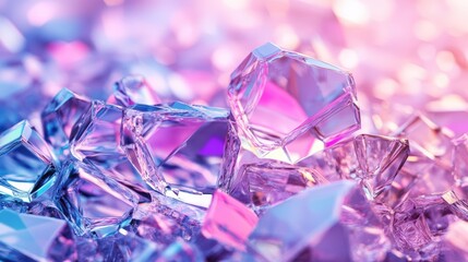 A pile of pink and blue crystals on a white surface with natural light and shadows