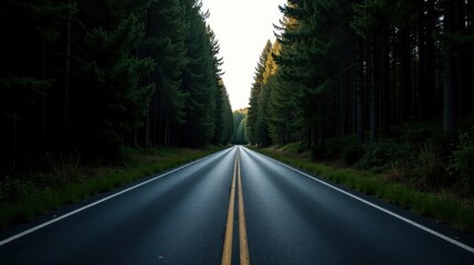 Fototapeta premium Asphalt Road Through a Dark Evergreen Forest Leading to a Bright Horizon
