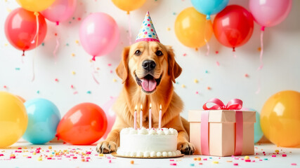 Happy smiling golden retriever celebrates birthday sitting in cap near cake with candles, gift box, red yellow and blue balloons on white background. Four years old pet. Dogs party invitation card.