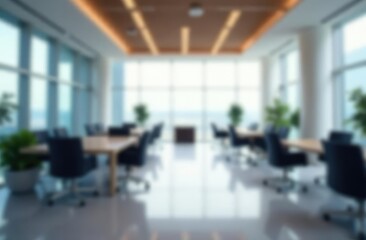 Abstract Blurry Office Interior Background, Spacious Modern Corporate Environment, Business Workspace Concept, Soft Focus Professional Setting Design, Light Airy Work Area Atmosphere