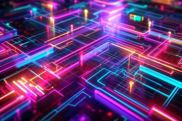 Vibrant Abstract Neon Lines Creating Futuristic Circuit Pattern