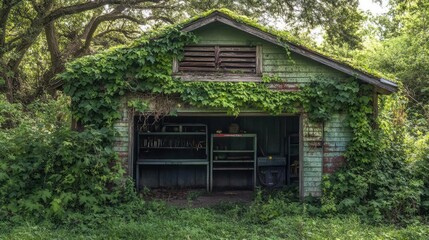 Overgrown Green Shed with Vintage Tools