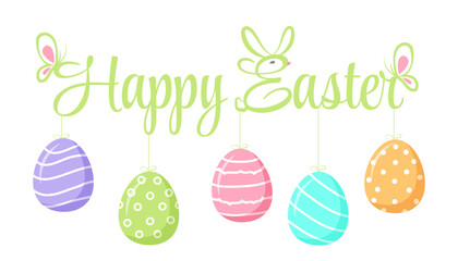 Happy Easter poster webbanner green with bunny and eggs