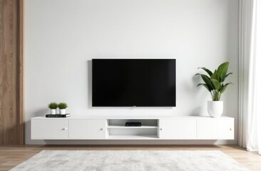 Fototapeta premium White color wall Background, minimal living room interior decor with a TV cabinet