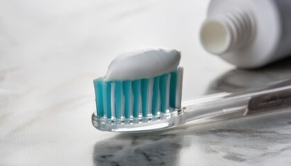 Close up of a toothbrush with blue bristles and a generous amount of toothpaste.