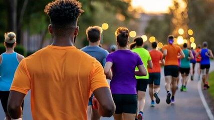 Diverse runners at sunset marathon