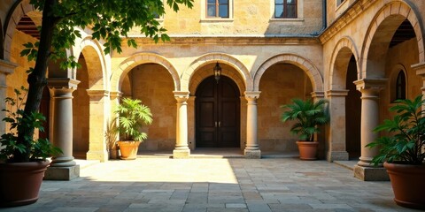 Sunlit Courtyard with Elegant Arches and Potted Plants