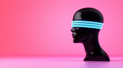 Futuristic black mannequin with neon blindfold against a pink background.