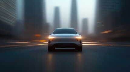 Sleek electric car speeds through futuristic cityscape, showcasi