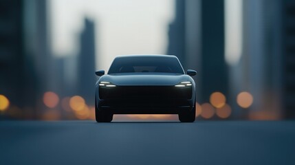 Sleek electric car stands out in urban landscape with blurred ci