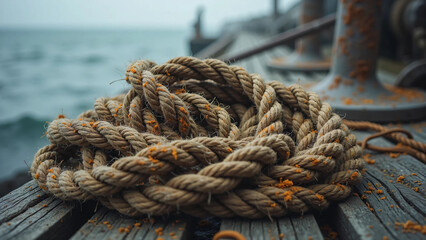 Old, Frayed Rope on a Weathered Wooden Dock, Dramatic Cinematic Lighting, High-Contrast Texture, Salt Residue and Moss, Misty Ocean and Rusted Anchor in the Background, Maritime Aesthetic
