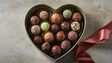 Obraz premium Heart-shaped box of assorted truffles with a satin ribbon