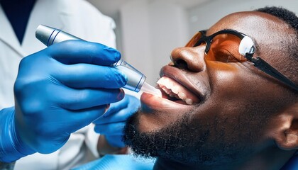 A dentist uses a modern tool on a smiling patient, showcasing care in a bright dental clinic.