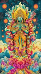 Fototapeta premium Serene Cosmic Deity Vibrant Psychedelic Art of Hindu God