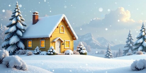 Fototapeta premium A charming yellow cottage nestled in a snowy winter wonderland, surrounded by snow-covered evergreens and a breathtaking mountainous backdrop, bathed in the soft glow of a winter sunrise.