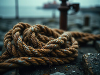 Fototapeta premium Old, Frayed Rope on a Weathered Wooden Dock, Dramatic Cinematic Lighting, High-Contrast Texture, Salt Residue and Moss, Misty Ocean and Rusted Anchor in the Background, Maritime Aesthetic
