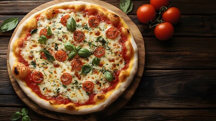 Pizza Delight: A mouthwatering pizza, adorned with succulent toppings and fresh basil, rests invitingly on a wooden platter, promising a symphony of flavors.