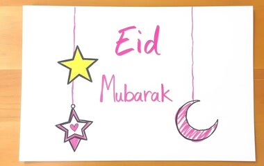 Fototapeta premium Pastel Pink Crescent Moon Eid Mubarak card crayon style