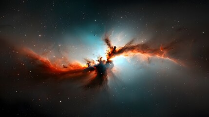 Naklejka premium Majestic fiery galactic nebula stretching across the cosmic vastness of deep space with glowing stellar formations and a burning radiant core