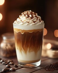 Close-up shot of an iced caramel macchiato, watermelon smoothies, orange smoothies, iced matcha tea, iced herbal tea