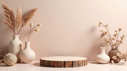 Elegant Minimalist Display with Neutral Tones and Natural Elements Featuring a Wooden Round Pedestal
