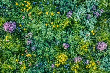Lush Greenery with Colorful Wildflowers and Foliage from Bird's Eye View in Natural Habitat