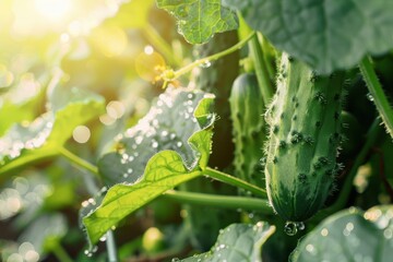 Close-up photo of fresh and vibrant cucumbers growing in a garden