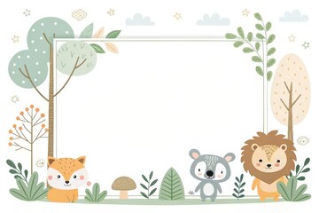 Naklejka premium cute animals and trees frame with a neutral background, perfect for invitations, cards, or announcements