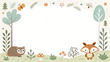 Fototapeta premium A cute forest frame with animals and plants perfect for text