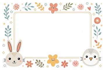 Obraz premium an adorable bunny and a charming penguin, accompanied by flowers, leaves and a blank frame, offering an inviting space for creativity and personalization