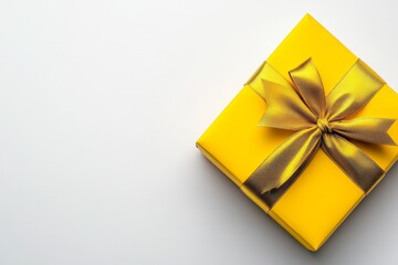 Yellow gift box with a golden ribbon, isolated on a white background, top view