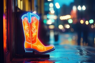 Neon cowboy boot sign glowing vibrantly on a rain-soaked street at night with colorful bokeh