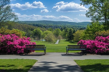 Obraz premium Scenic View of Vibrant Azaleas with Lush Green Landscape and Blue Sky in a Park