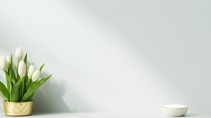 Elegant arrangement of tulips in minimalistic pot against soft b