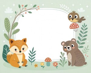Naklejka premium a whimsical illustration features a frame decorated with cute forest animals like a fox, bear, and bird. The frame is surrounded by branches and leaves, creating a cheerful and playful design