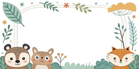 Naklejka premium cute forest animal illustration in a frame with floral