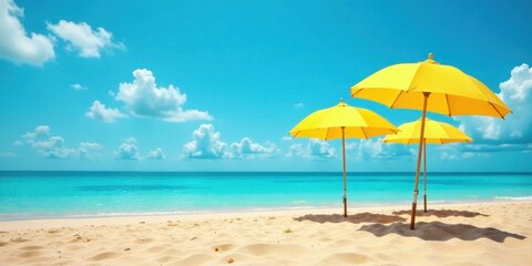 Fototapeta premium Serene Beachscape Three Yellow Umbrellas on Pristine Sand Under a Vivid Blue Sky