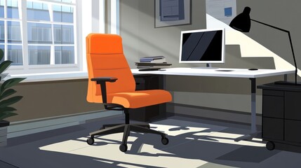 Sunny office corner with orange chair and computer.  Possible use Stock photo for workspace design, productivity, or interior design concepts