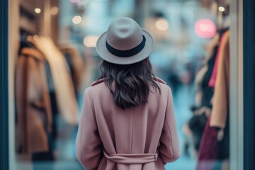 Fototapeta premium Woman in Stylish Hat and Coat Looking at Fashionable Storefront Display in Urban Environment