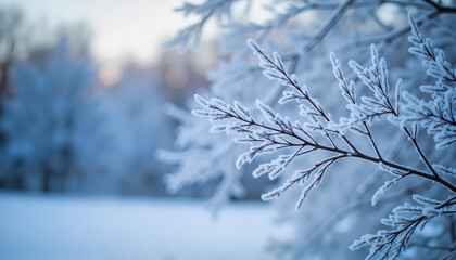 Delicate frost on tree branches in snowy park at dawn, winter beauty