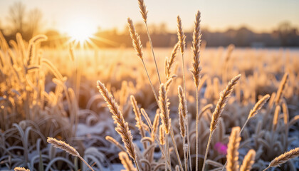 Fototapeta premium Winter sunrise illuminating frosted grasses in a serene field, tranquility