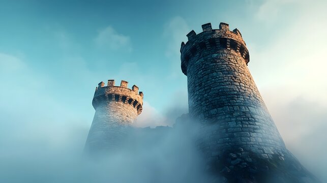 Majestic medieval castle towers with ornate architectural details rising up on both sides shrouded in an atmospheric layer of mysterious fog rolling in the center of the frame