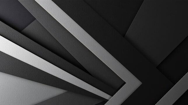Modern abstract composition featuring layered paper shapes in contrasting shades of light and dark gray. Geometric design with diagonal elements creating depth through overlapping planes and shadows.
