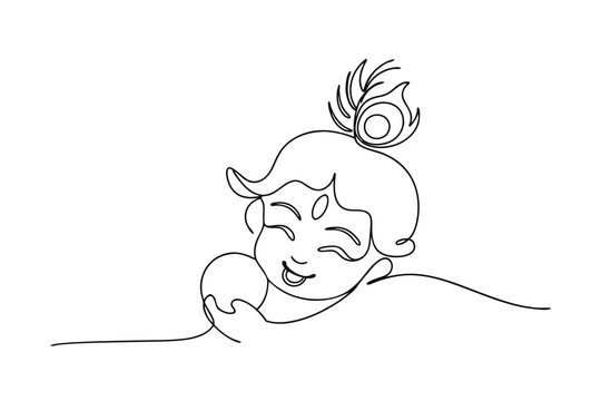 Line Art Drawing of Krishna, Hindu God, Child, Butterball