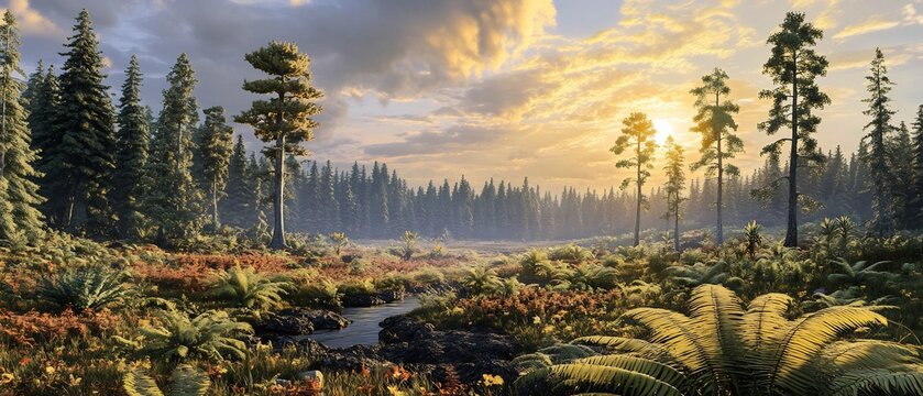 Detailed 3D representation of ancient flora during early day of Earth highlighting large fern specie mammal precursor vegetation transitioning what would later evolve into modern tree flower softly