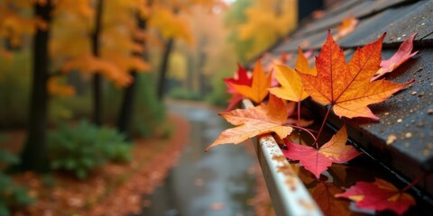 Autumn Leaves Resting on a Rain Gutter During a Misty Fall Day