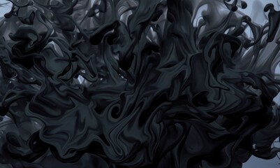 Black liquid background. Beautiful abstraction of liquid paints in slow blending flow mixing together gently. Creative abstract mixed black color painting with marble liquid effect panorama.