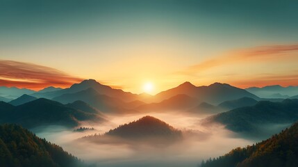 Fototapeta premium Majestic misty mountain peaks rising on both sides bathed in the warm golden glow of the sunrise over a tranquil forested valley below Ethereal atmosphere with a soft empty sky in the center