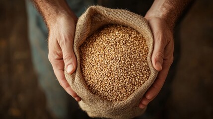A person holds a burlap sack filled with golden grains, showcasing the importance of agriculture and harvest in a rustic setting.